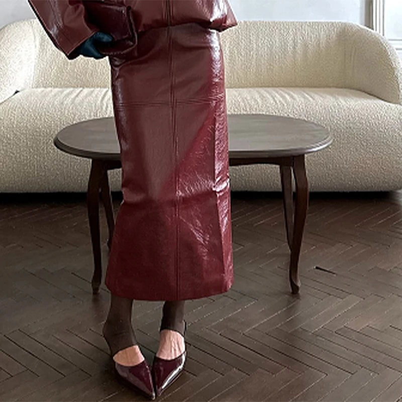 Women Green Stand Collar Leather Jacket Fashion Zipper Long Loose Outerwears Chic 2025 New Autumn Fashion High Street Lady Wear