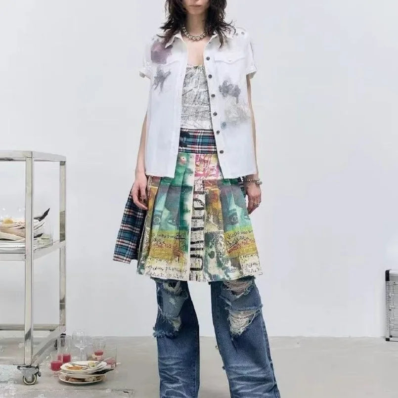 Polyester Cotton Unique Printed Split Midi Skirt for Women