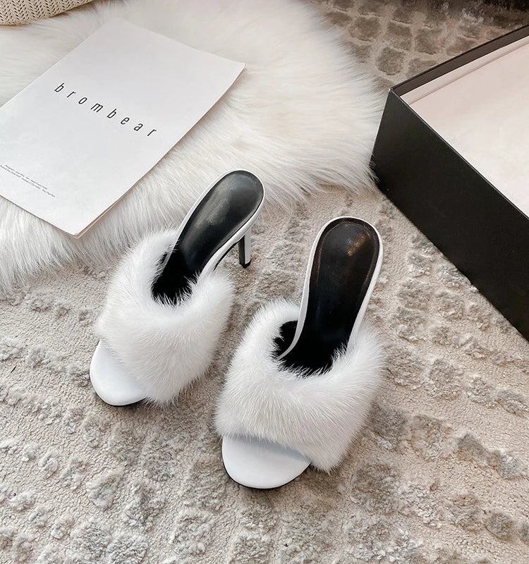 Fur Trim Open Toe Stiletto Party Sandals for Women