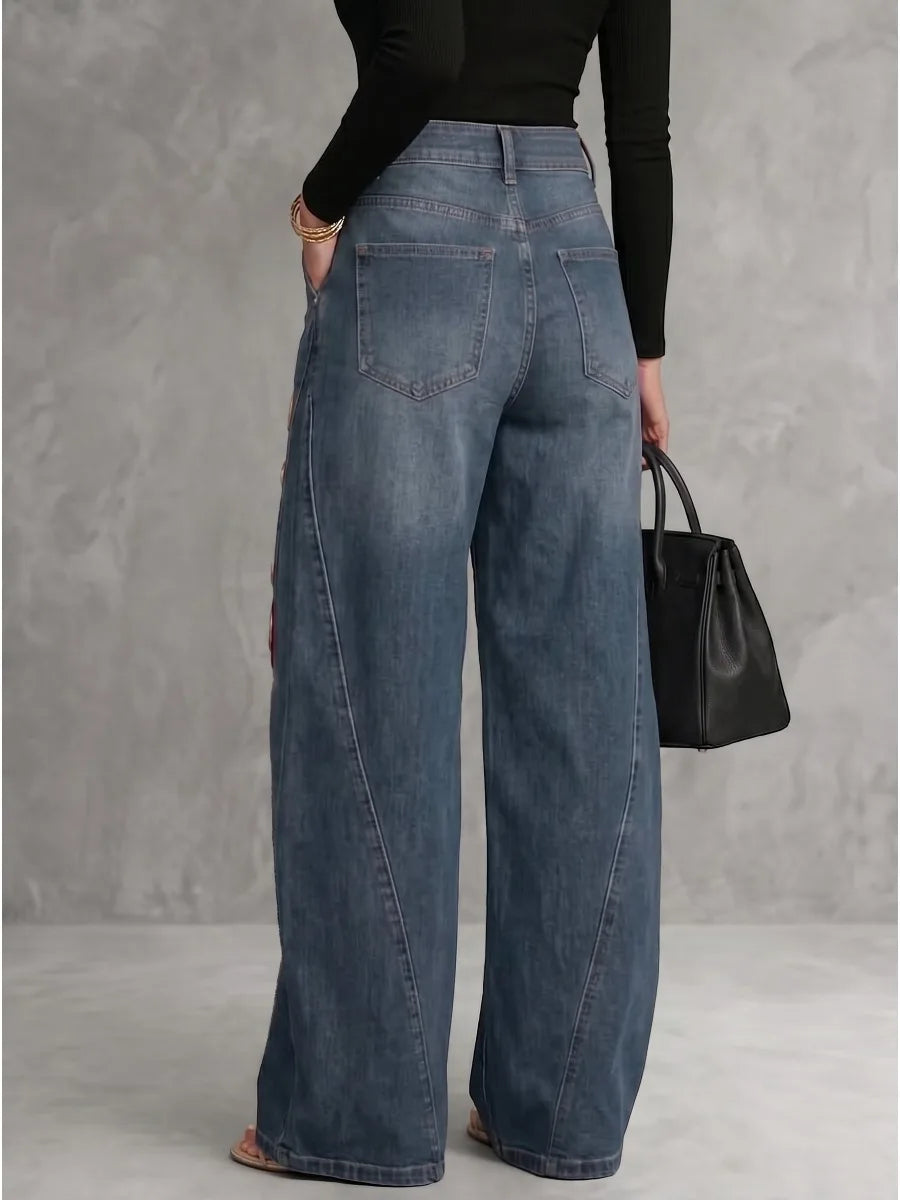 Bonboho Women High Waist Flower Print Wide Leg Floor Length Jeans 2026 Vintage Blue Denim Palazzo Jeans with Metal Eyelet Cutout