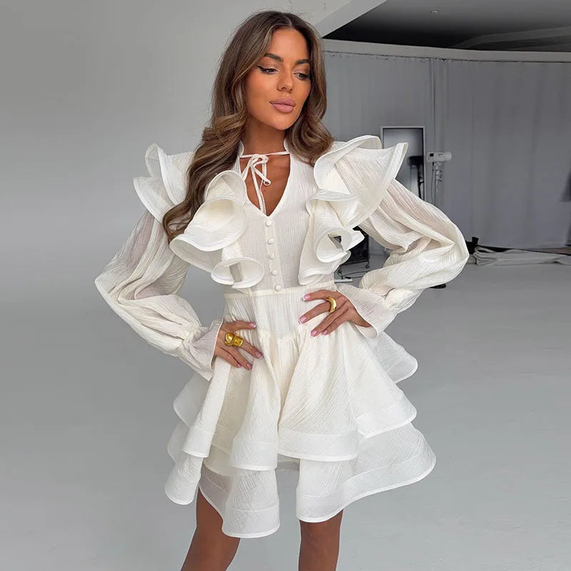 Ruffle Neck Tie Waist Long Puff Sleeves Mini Dress For Women