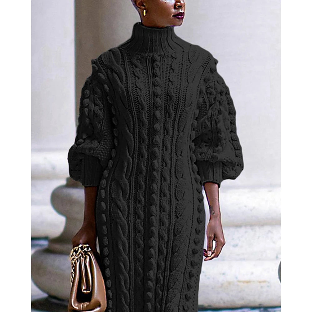 Autumn Women High Neck Twist Rope Lantern Sleeve Side Slit Knitted Sweater Dress New Fashion Femme Casual Dress Robe Clothing