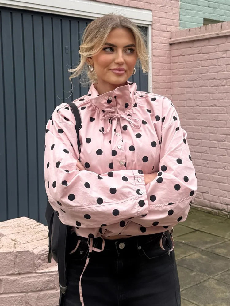 Pink Polka Dot High Collar Button Front Jacket for Women