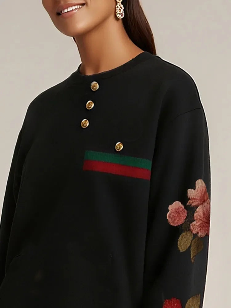 Women Elegant Vintage Floral Printed Gold Button Sweatshirt 2026 New Round-Neck Long Sleeve Loose Casual Office Pullover Tops
