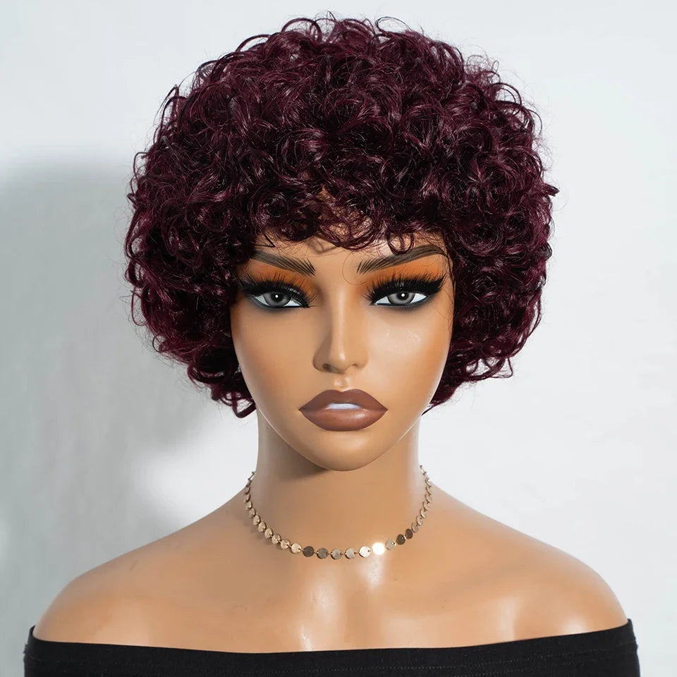 Short Kinky Curly Pixie Bob Human Hair Wig for Women