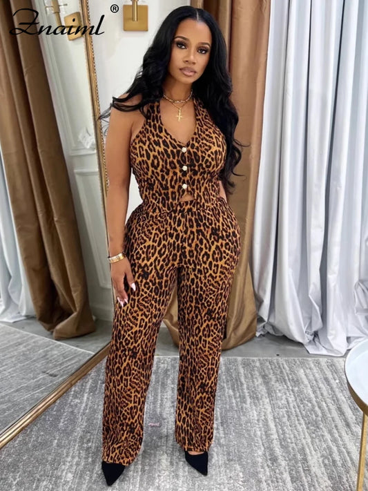 Znaiml Sexy Leopard Print 2 Piece Pants Sets Woman Halter V-neck Button Crop Top and Trousers Suits Night Club Birthday Outfit