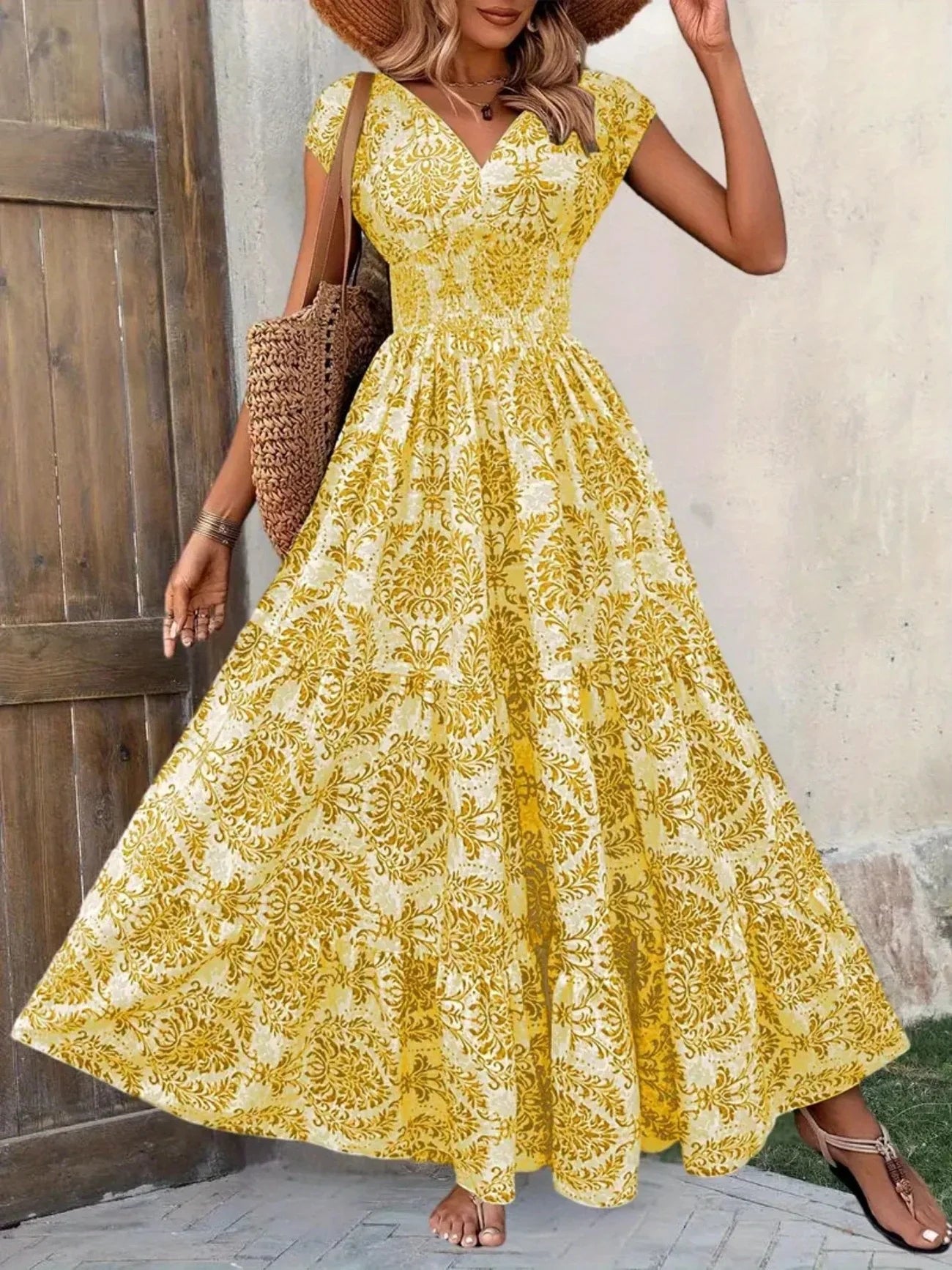 Bohemian Floral Printed V Neck Midi Dress For Women