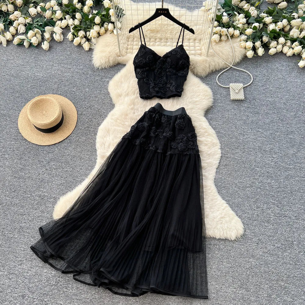 3D Floral Lace Camisole and Pleated Skirt Set for Women