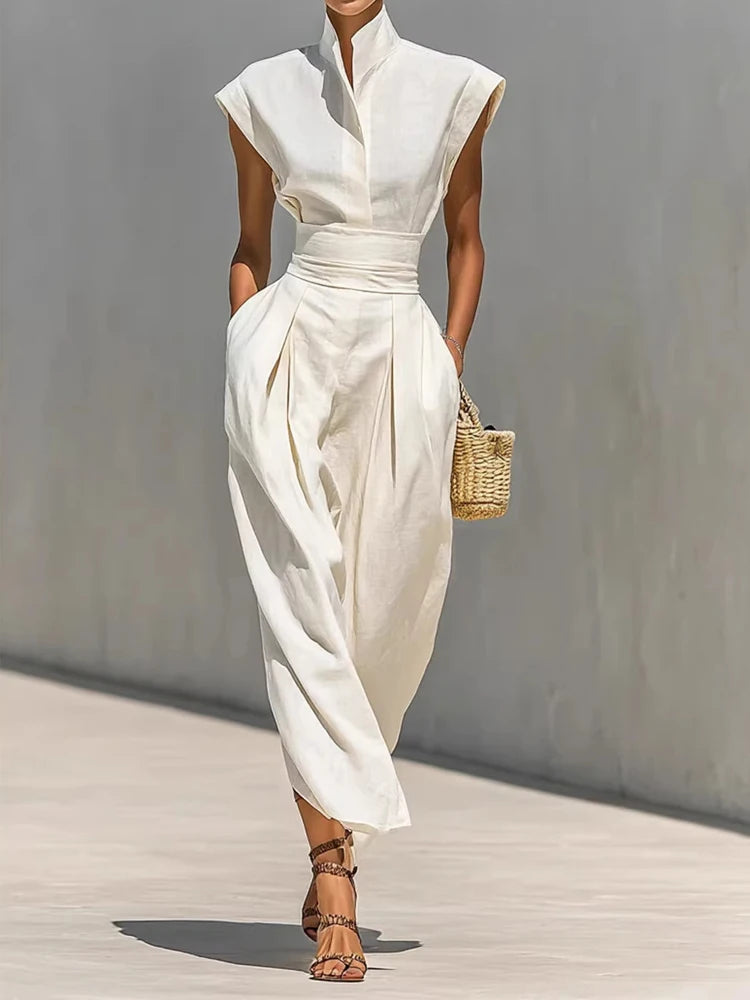 Elegant Stand Collar Pocket Summer Long Dress for Women