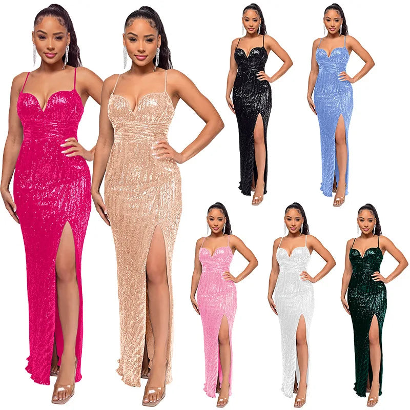 Glitter Sequin Spaghetti Strap Party Maxi Dress for Women