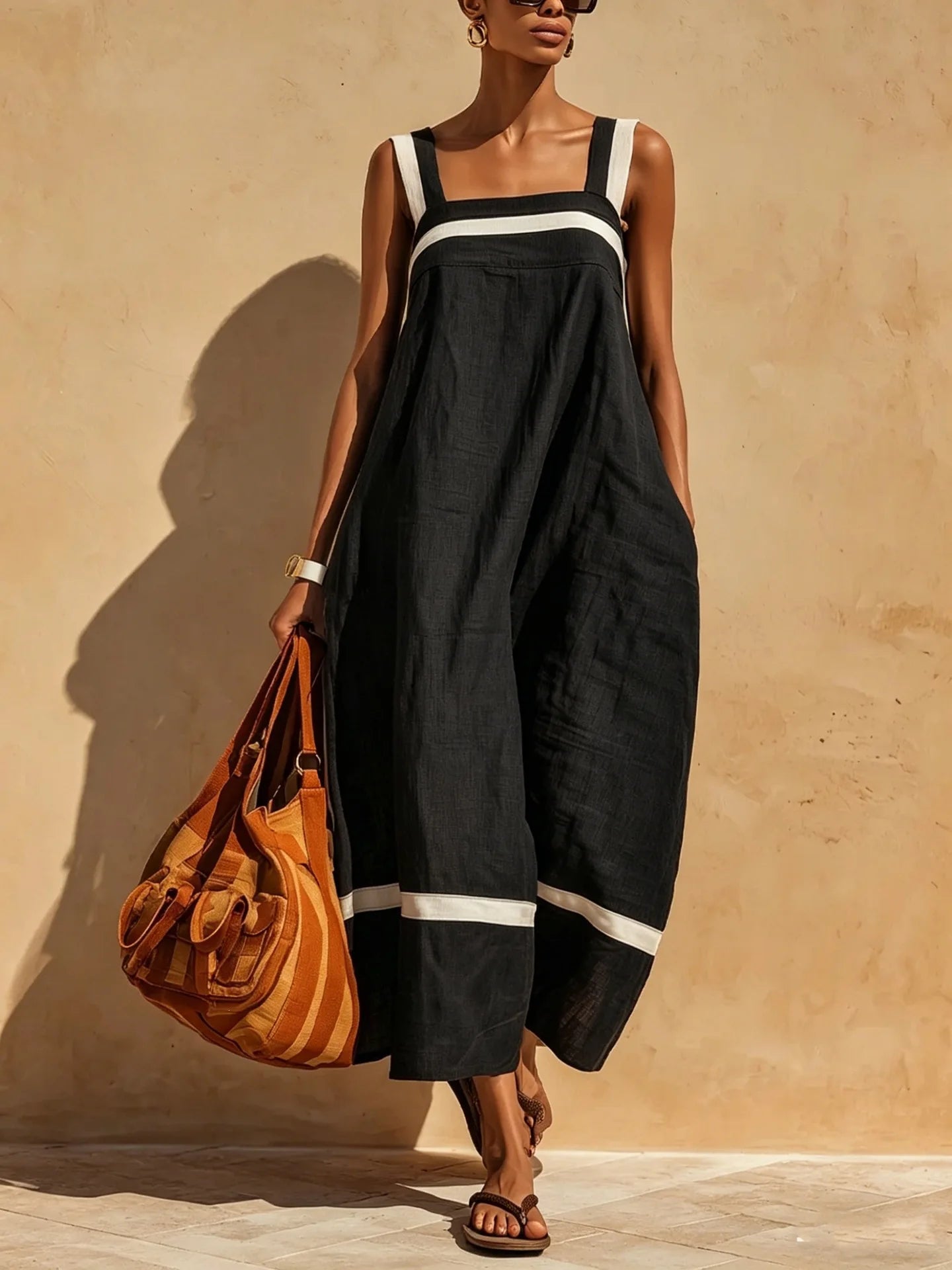 Contrasting Color Stripe Square Neck Spaghetti Strap Pocket Dress for Women