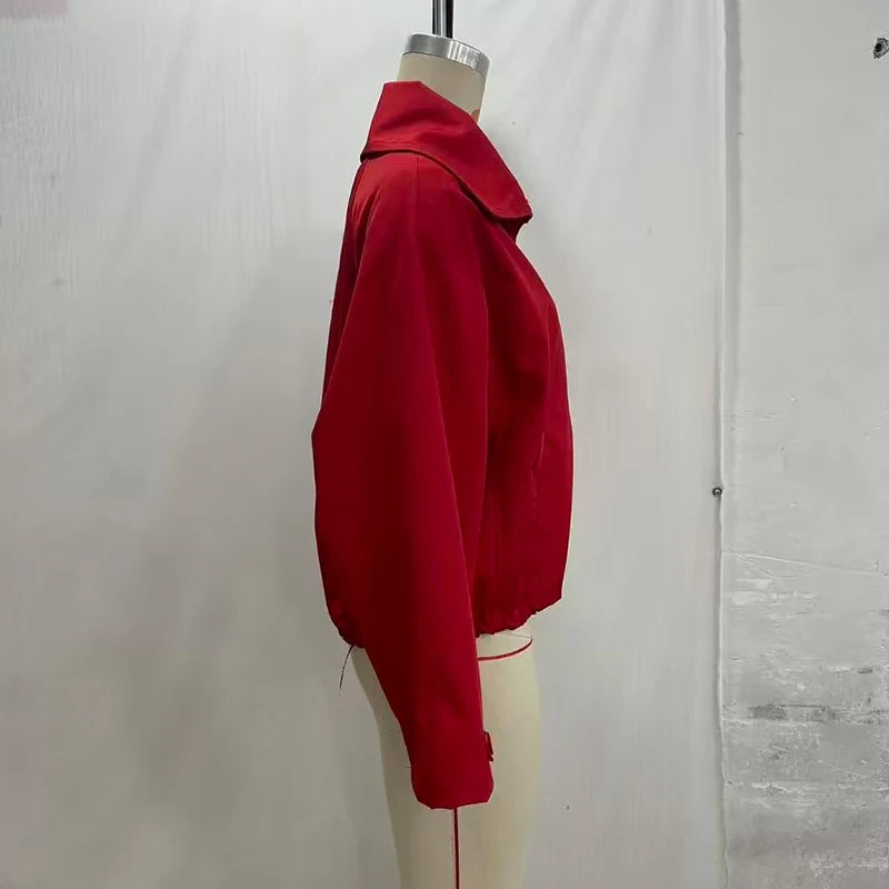 Casual Red Jacket With Turn-Down Collar and Long Sleeves for Women