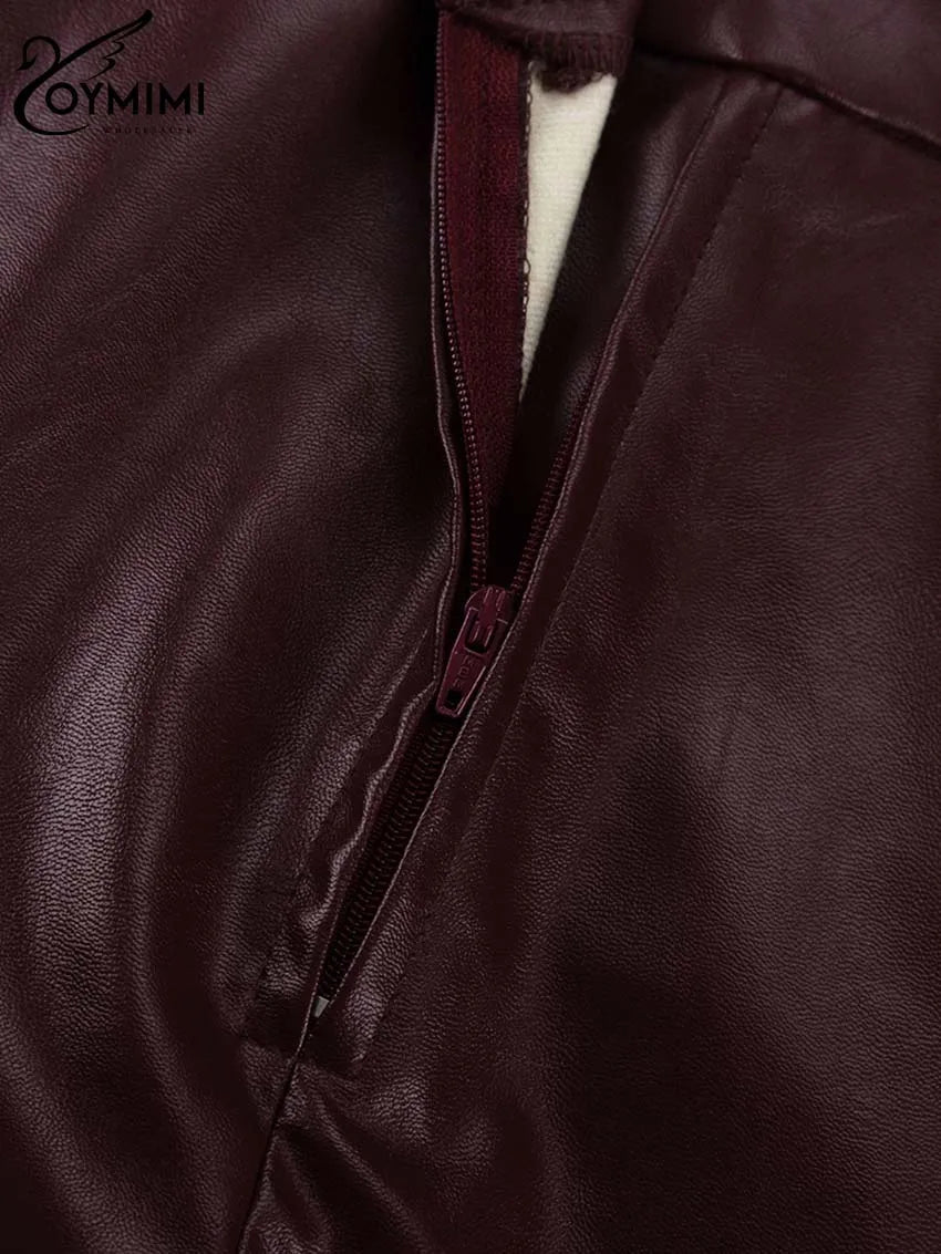 Oymimi Vintage Wine Red Pu Leather Womens 2 Piece Outfit Set Elegant Long Sleeve Lace-Up Shirts And Straight Simple Trousers Set