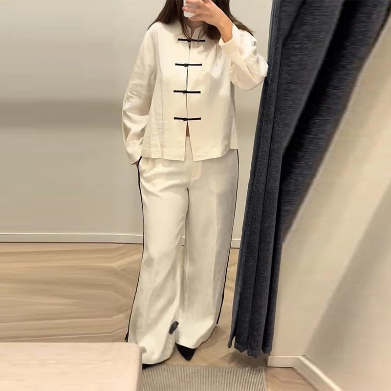 Casual Cotton Coat And Wide Leg Trouser Set for Women