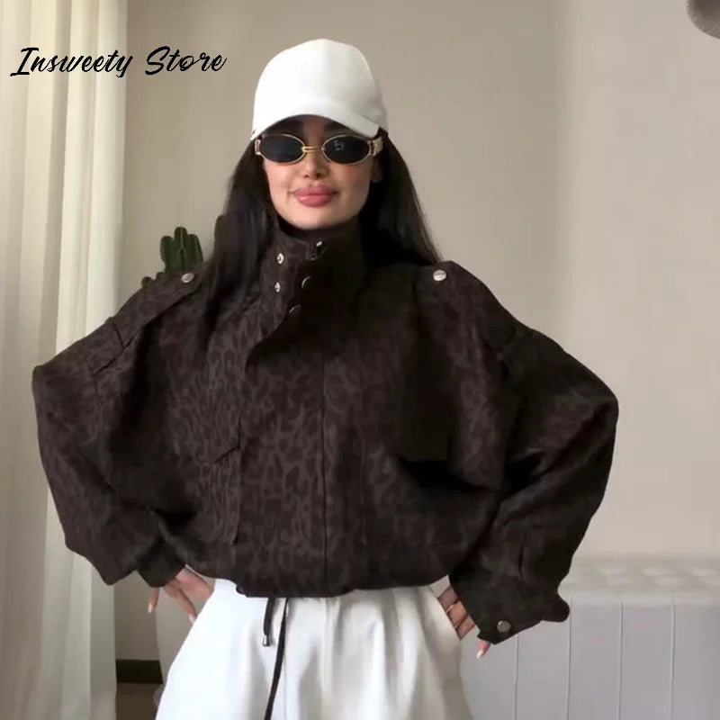 Casual Cropped Jacket With Stand Collar and Drawstring Hem for Women