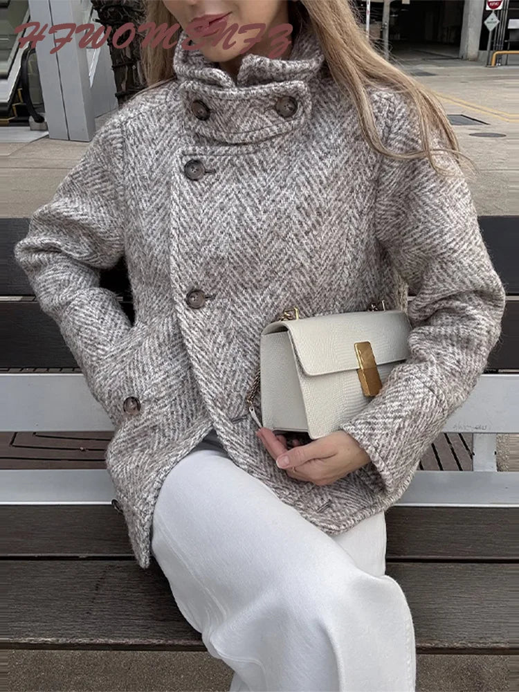 Elegant Print Stand Collar Tailored Long Coat for Women