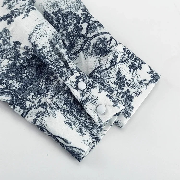 Casual Retro Ink Print Shirt and Shorts Set for Women