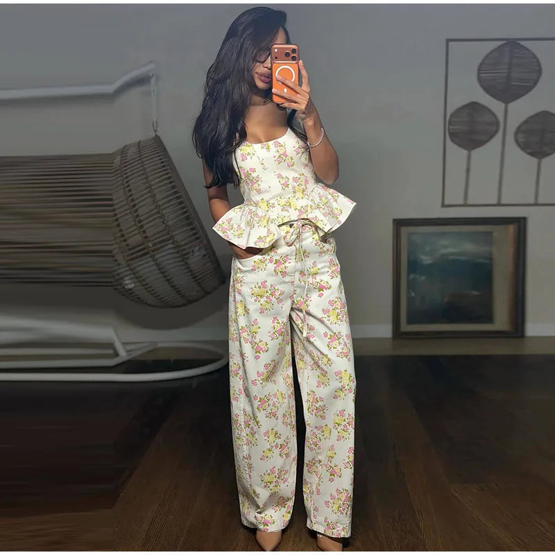 Floral Print Ruffle Wide Leg Pants Two Piece Set For Women