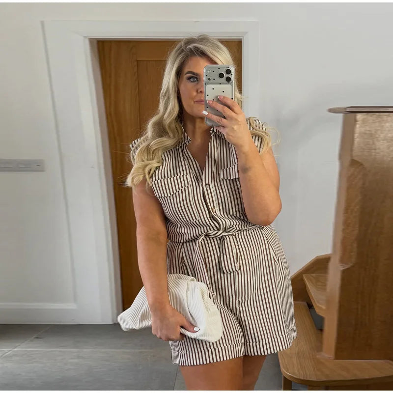 Elegant Striped Sleeveless Playsuit With Belt for Women