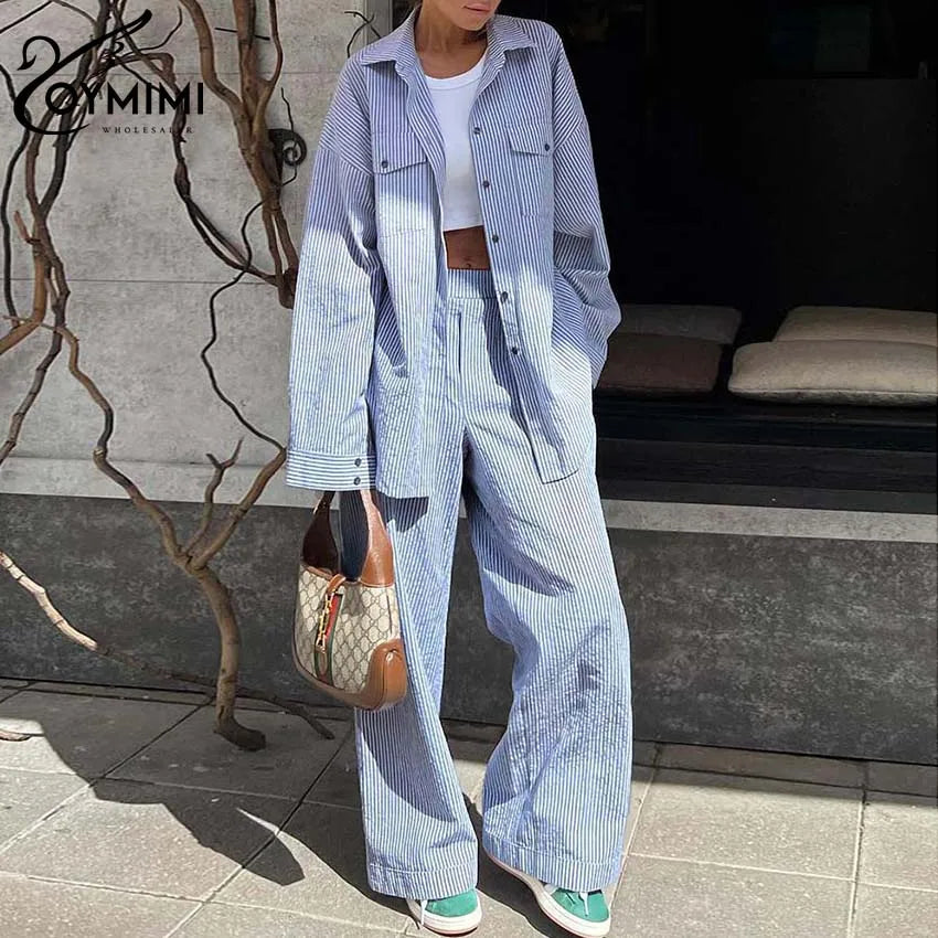 Oymimi Casual Dark Blue Print Women's Two Pieces Set Elegant Long Sleeve Button Shirt And Low Waist Straight Trousers Female Set