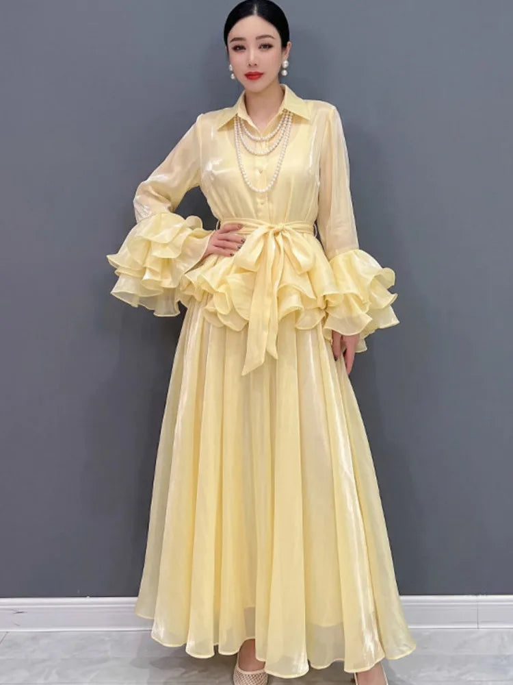 Belted Flare Sleeve Two Piece Set