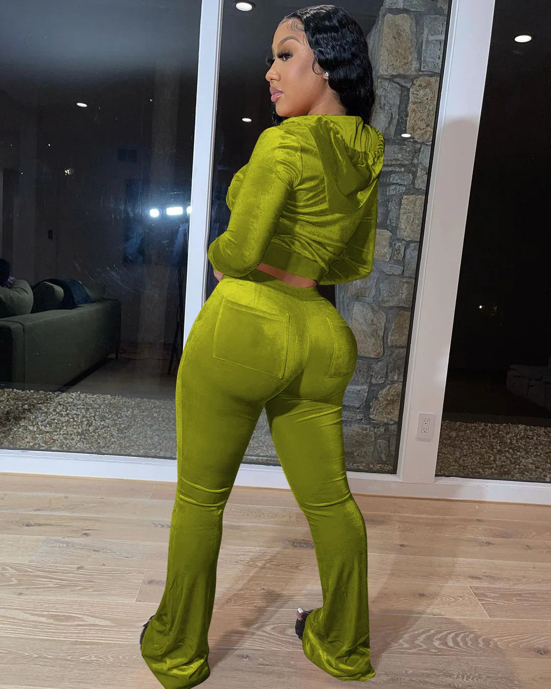Hooded Zip Top And High Waist Pants Outfit Set for Women
