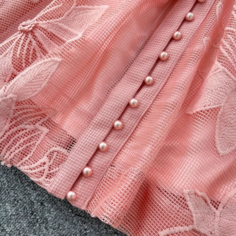 Elegant Embroidered Lantern Sleeve Midi Dress for Women