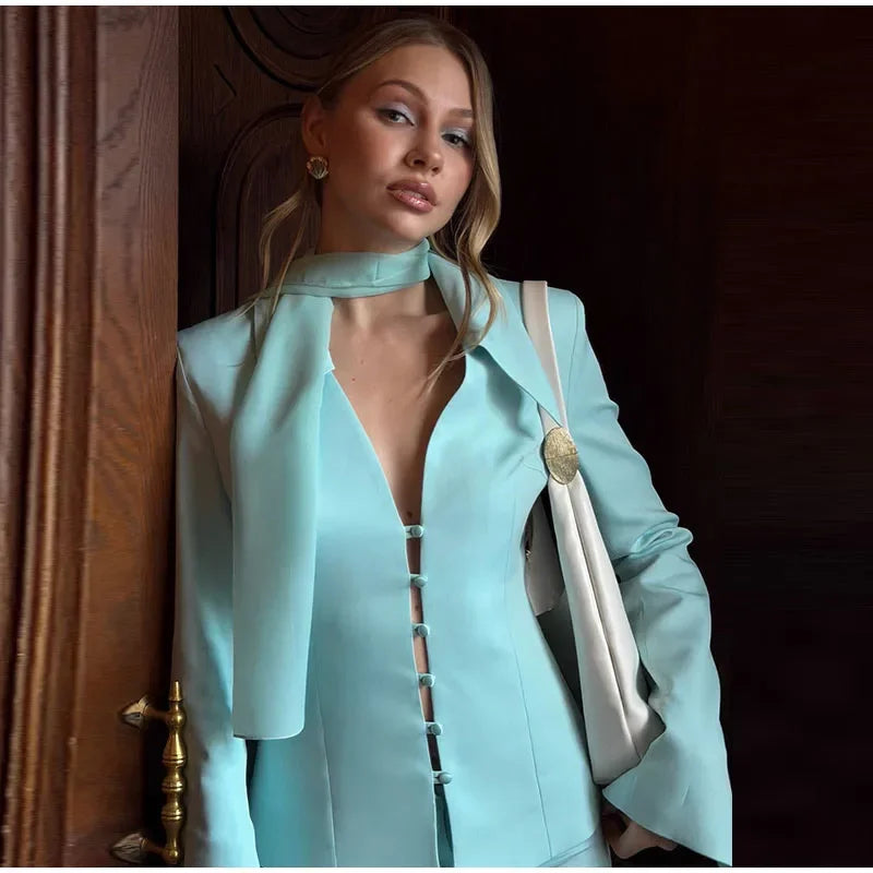 Turn-Down Collar Tailored Blazer Skirt Set for Women