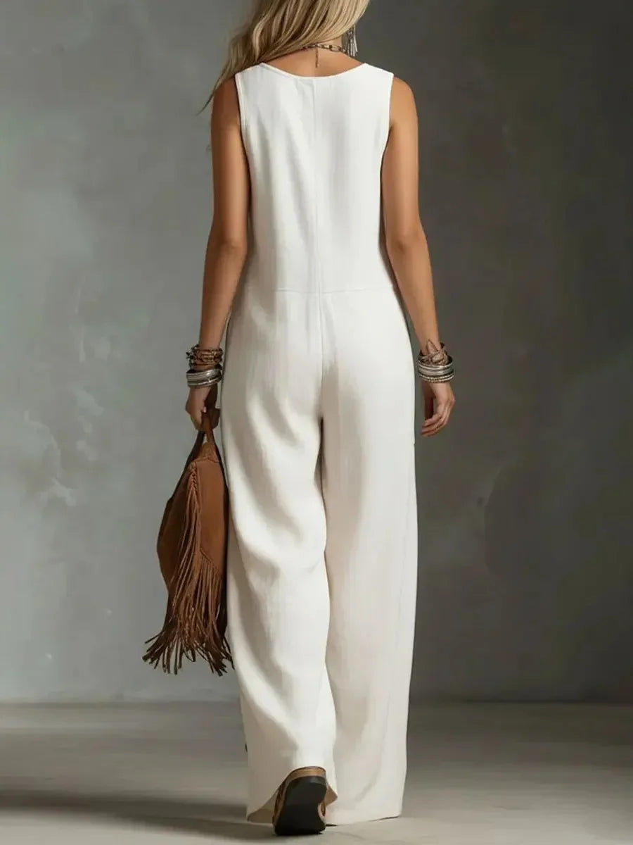 Sleeveless Solid Color Wide Leg Jumpsuit With Front Button Placket for Women