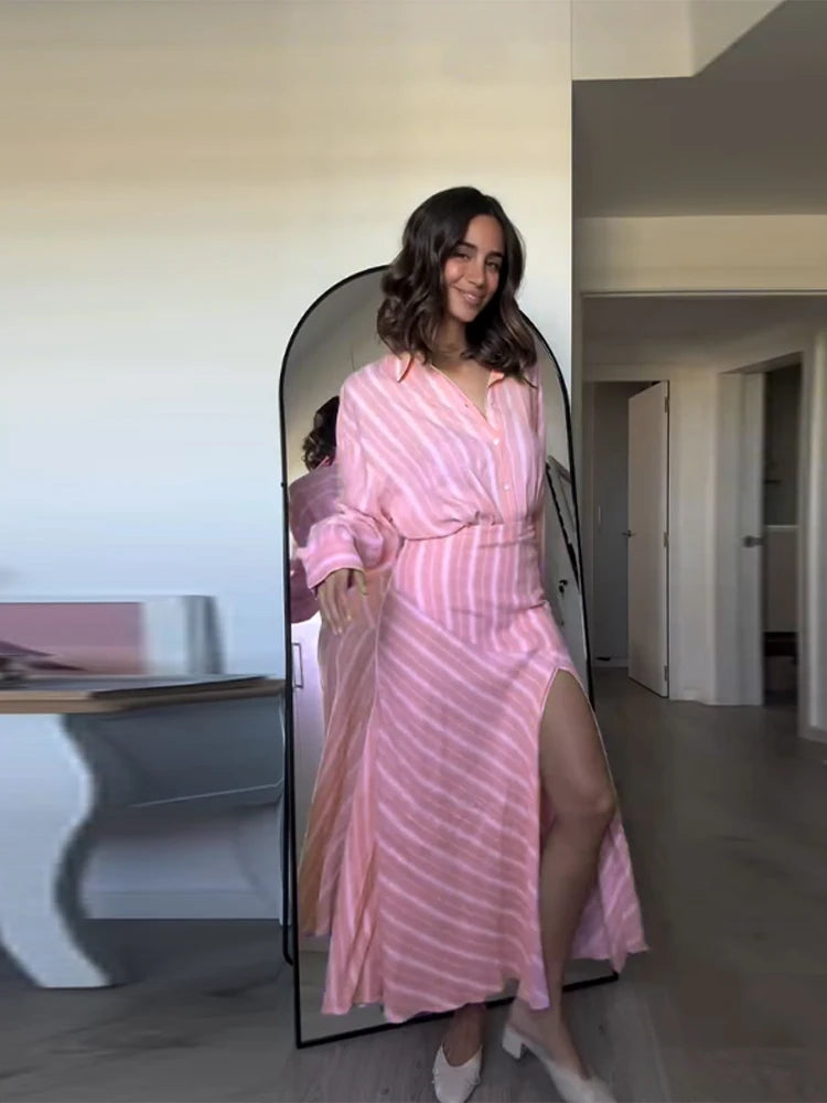 Elegant Striped Long Sleeve Shirt and Skirt Set for Women