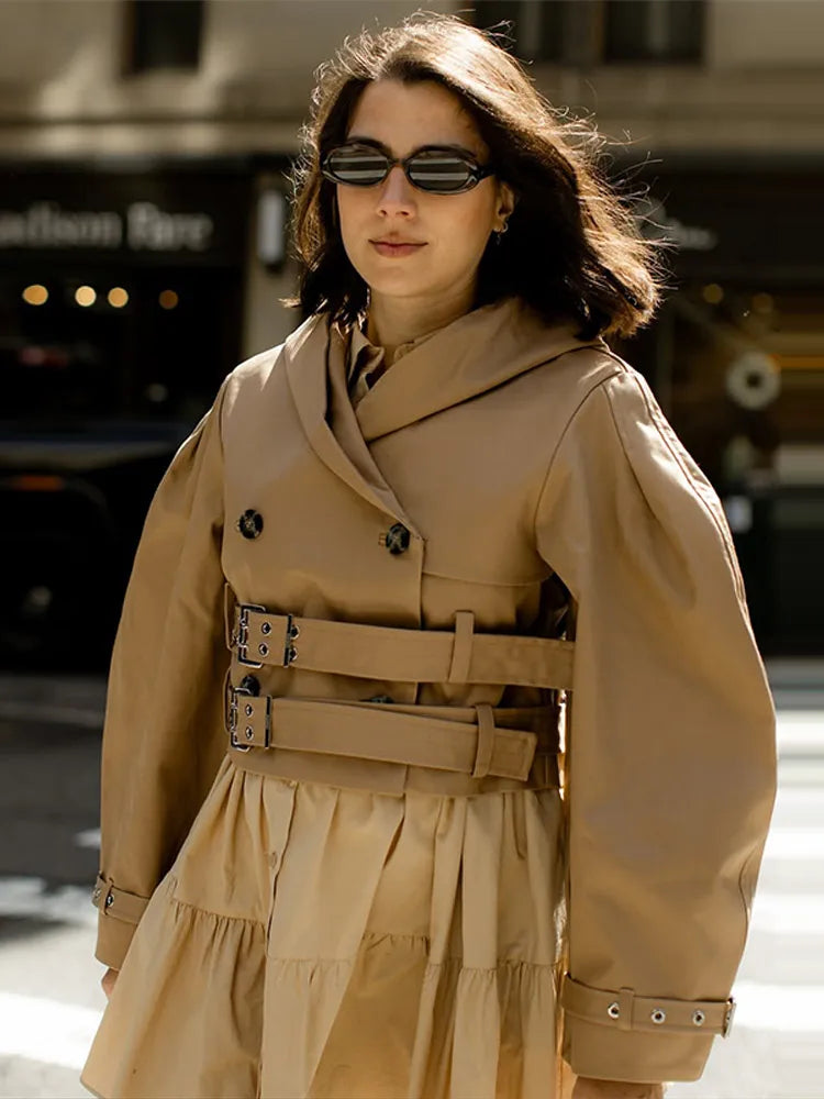 Belted Button Front Long Sleeve Short Jacket for Women