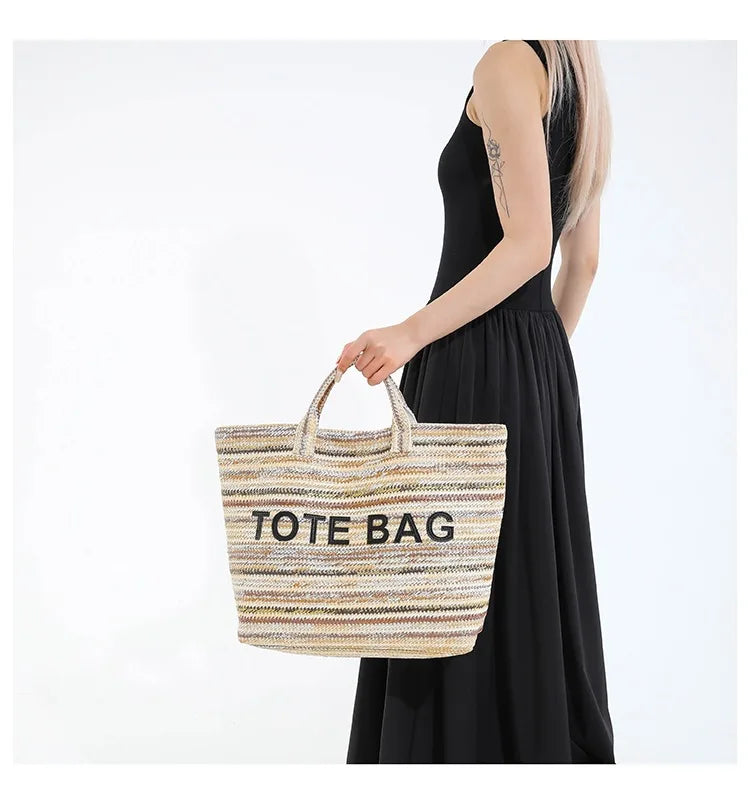 New straw woven bag, large capacity tote bag, crossbody striped letter contrasting beach bag