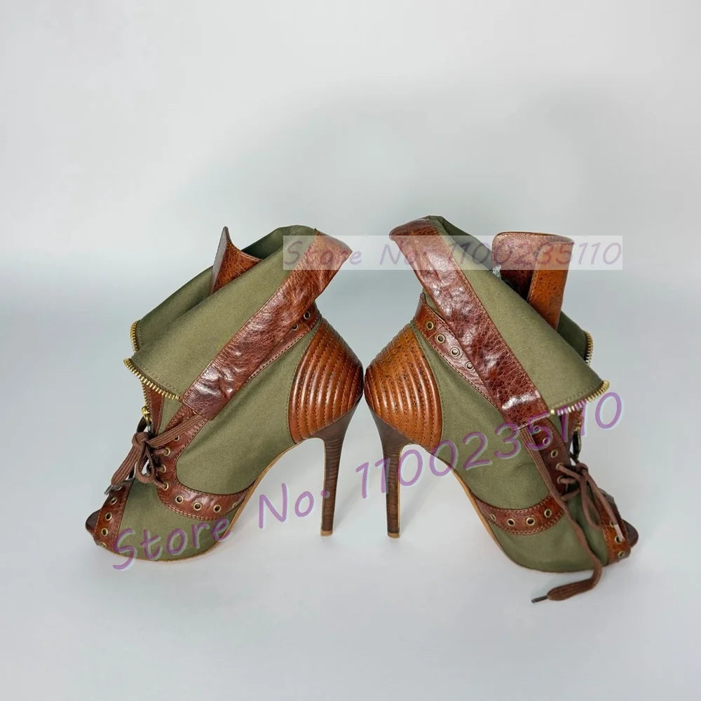 Army Green Denim Patchwork Cross Strap Sandals for Women