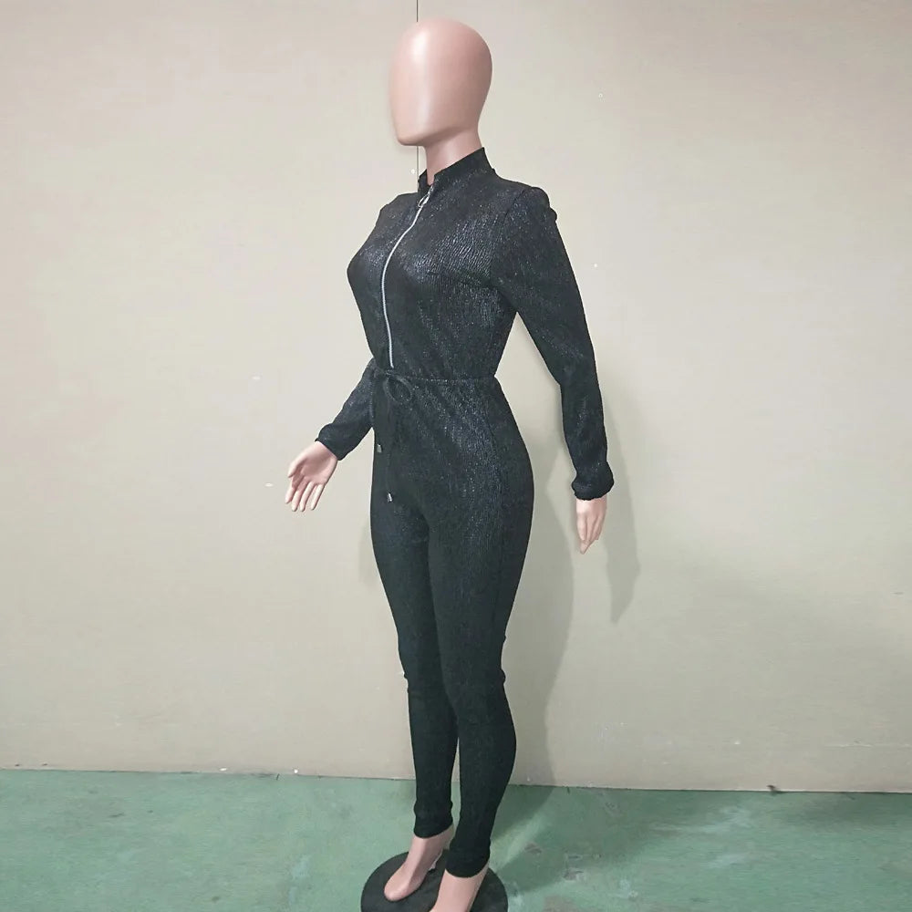 Elegant Silver Metallic Zippered Club Jumpsuit For Women