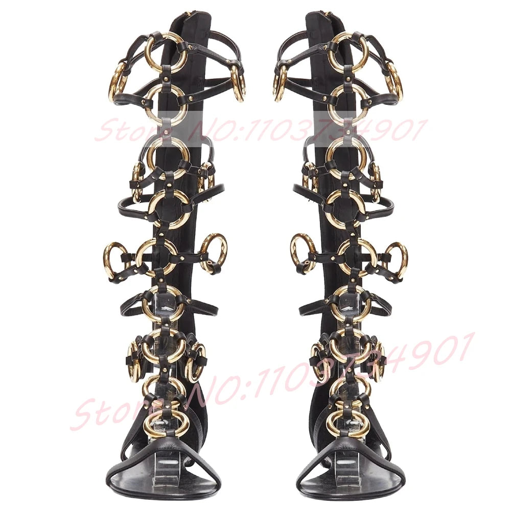 Black Leather Open Toe Metal Ring Strap Gladiator Sandals For Women