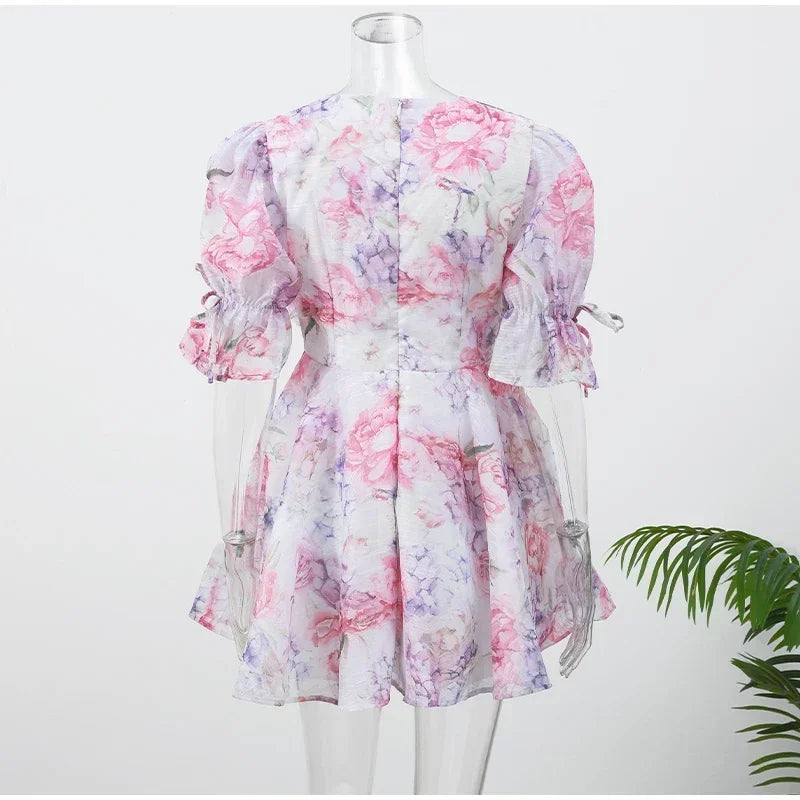 Trendy Floral Print Flare Sleeve V Neck Mini Dress Elegant High Waist Pleated Woman Vestidos 2025 New Autumn Evening Party Gown