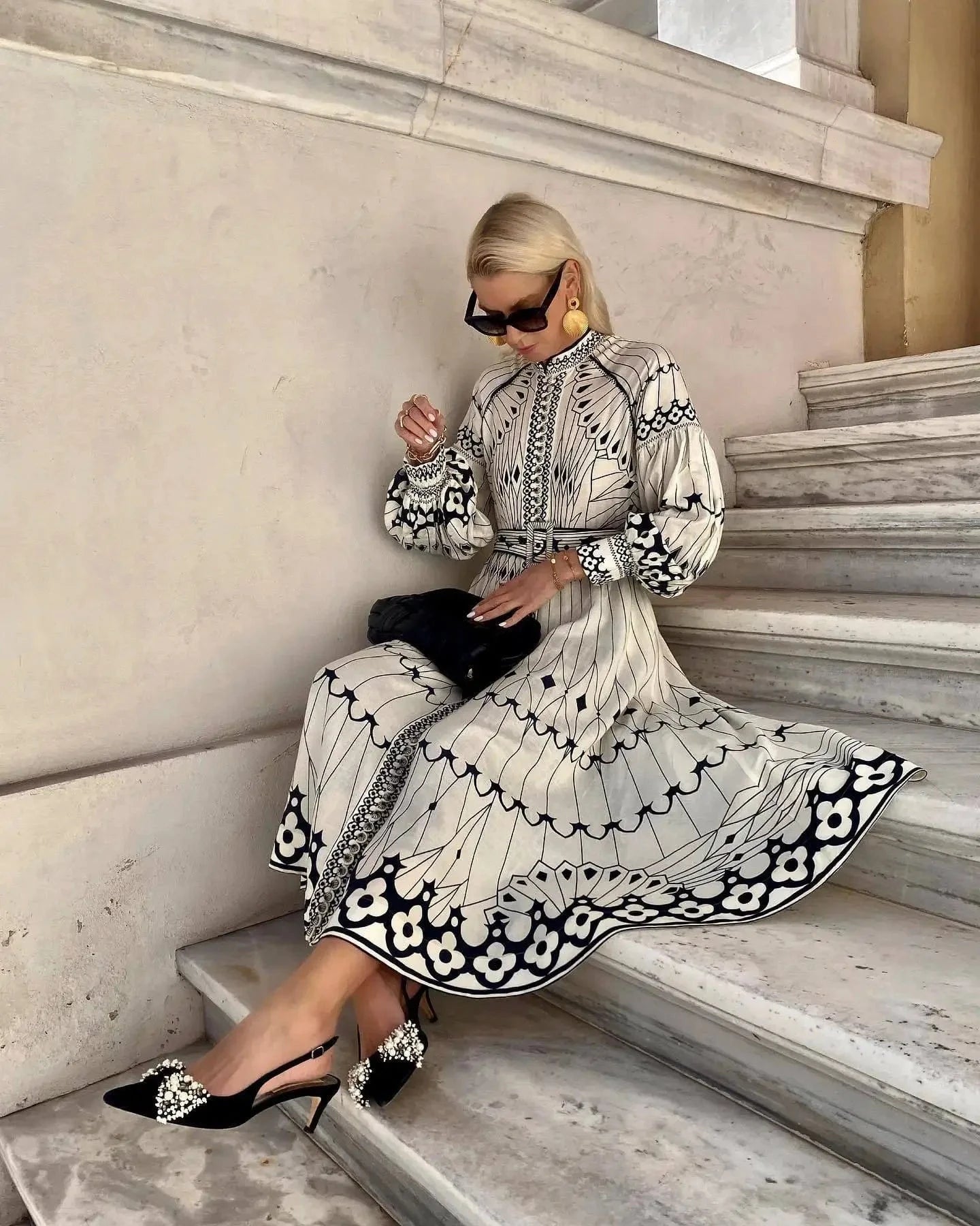 Retro Elegant Stand Collar Long Dress Women Spring Pattern Print Belted Buckle Party Dress Autumn Long Sleeve A-Line Boho Dress