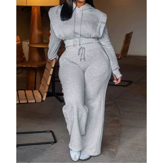 Elegant Two Pieces 	Tied Detail Hooded Long Sleeve Sweatshirt and Casual Wide Leg Sweatpants Set for Women Autumn Winter