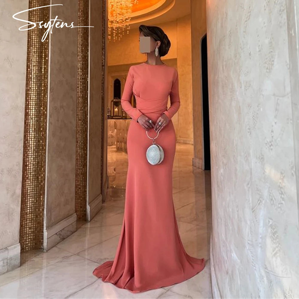 Elegant Long Sleeve Satin Mermaid Floor Length Evening Dress for Women