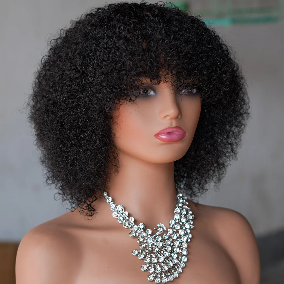 Short Kinky Curly Human Hair Wig With Bangs For Women
