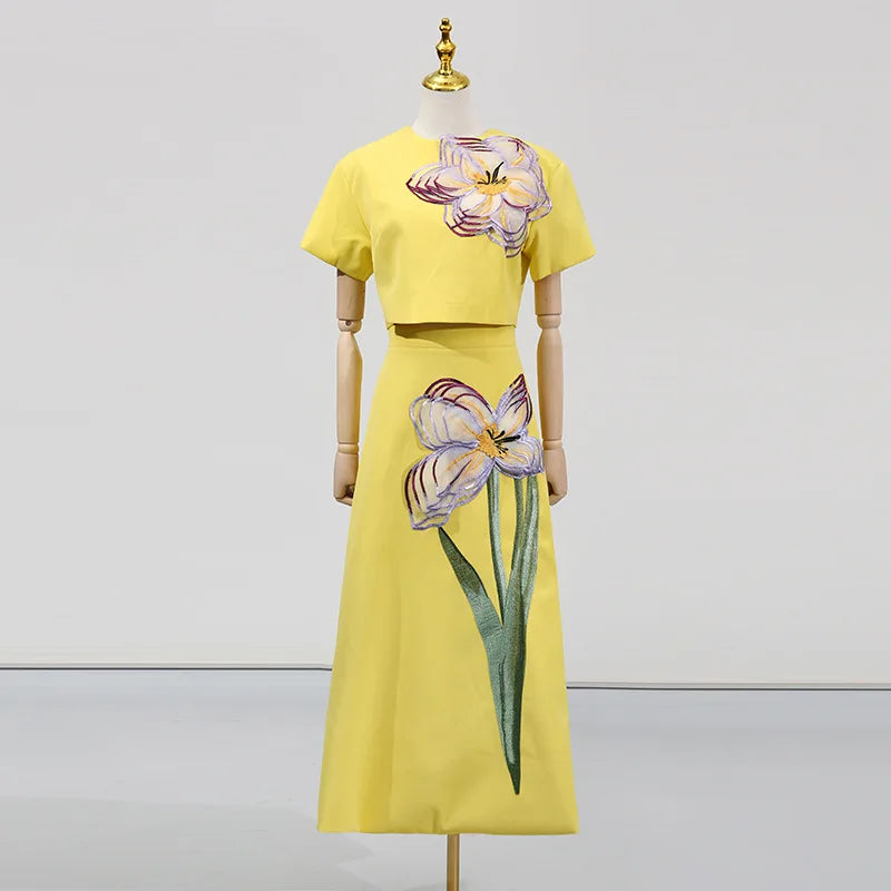 Elegant Floral Backless Cropped Top Two Piece Set for Women