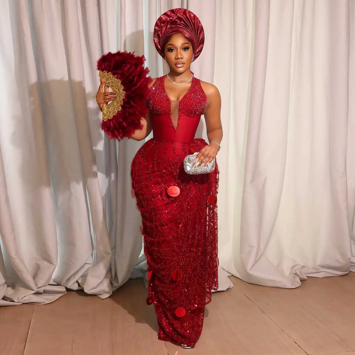 Red Beaded Lace Nigerian Gown