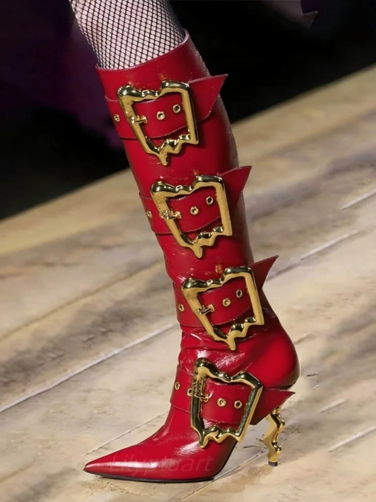 Shiny Metal Belt Buckle Side Zip Knee-High Boots for Women