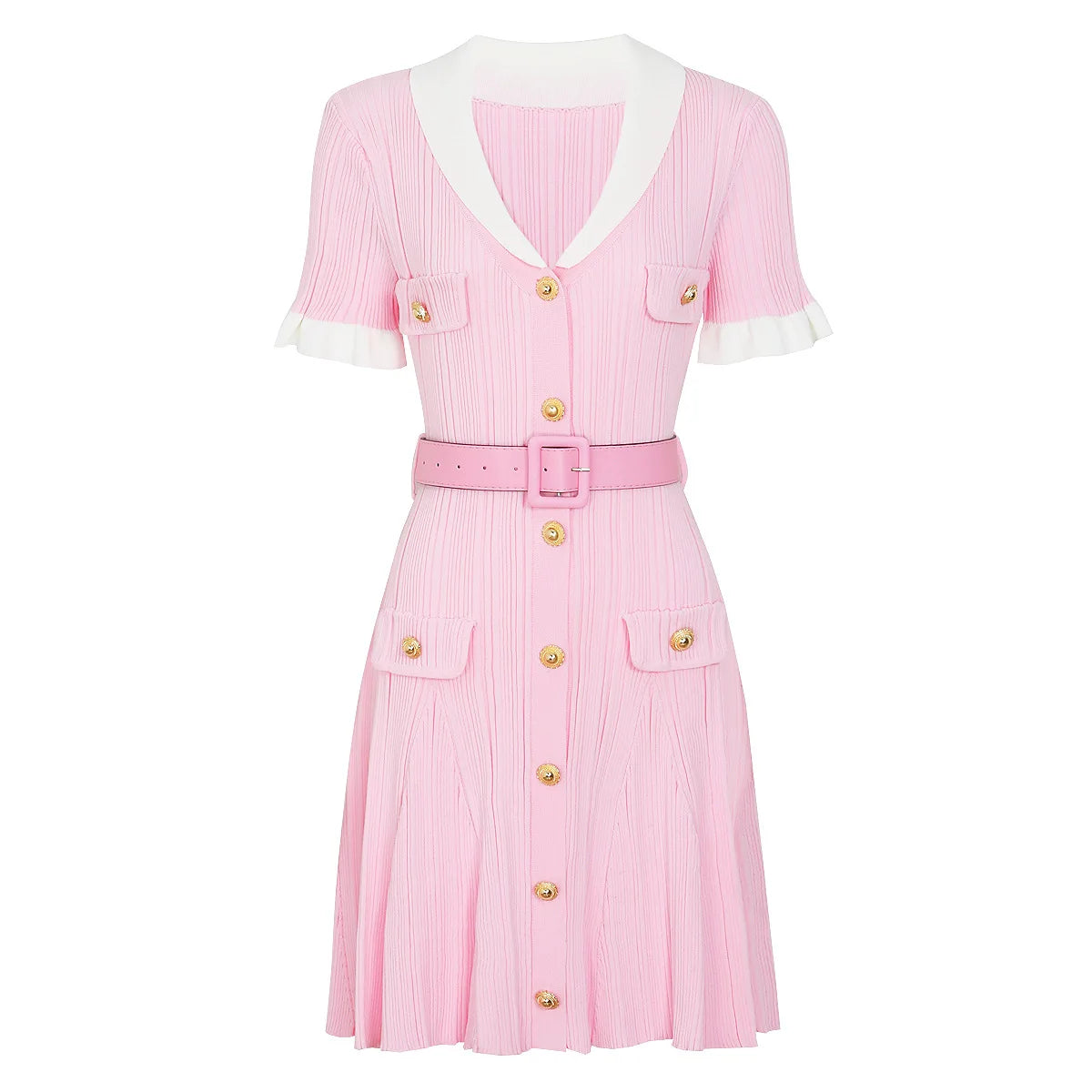 High-end Fashion Cropped Knit Dress New Autumn 2026 Women Short Sleeve High-waisted Belted Slim-fit Elegant Short Dresses