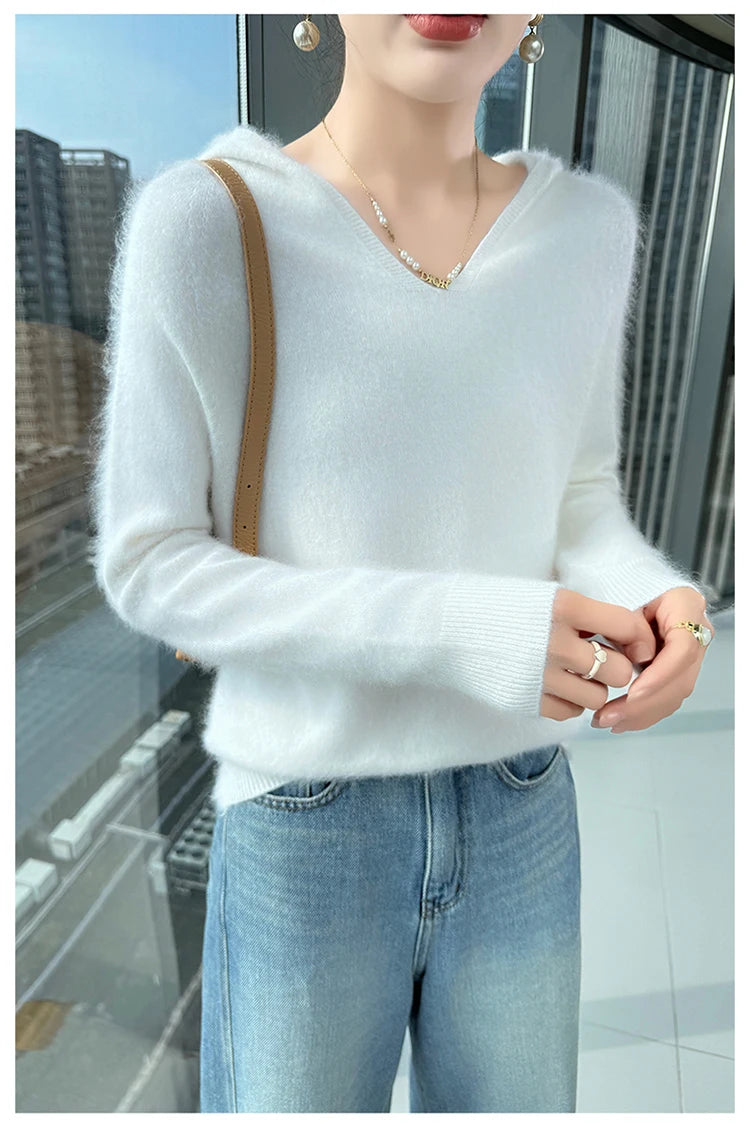 Loose Fit Thick Knit Hooded V-Neck Sweater for Women