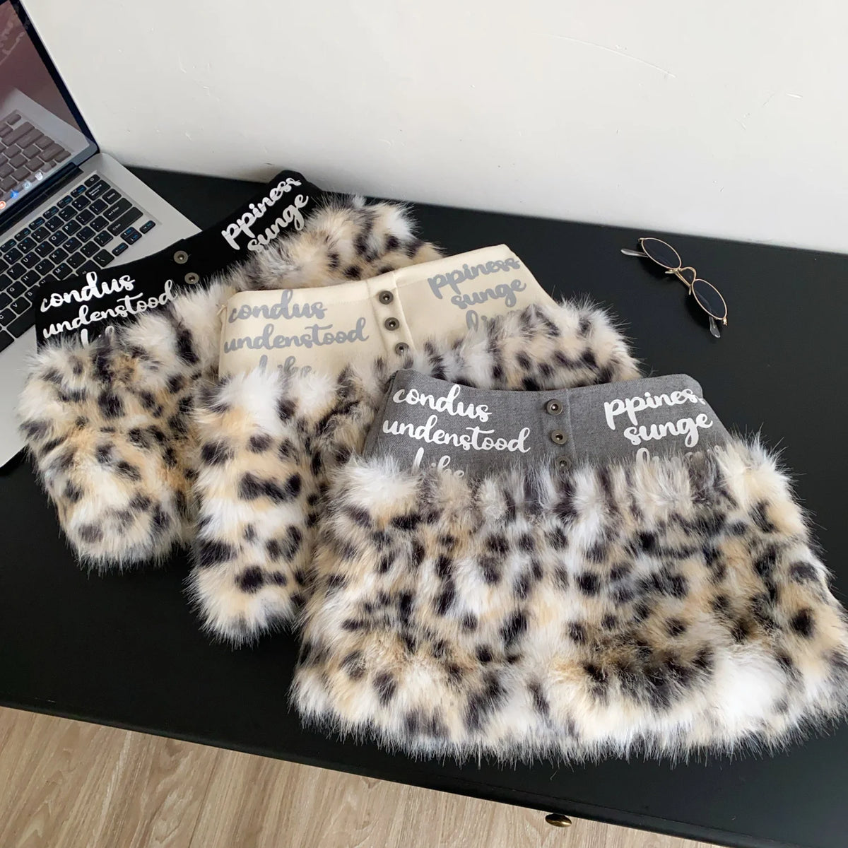 Leopard Print Furry A-Line Mini Skirt With Zipper for Women