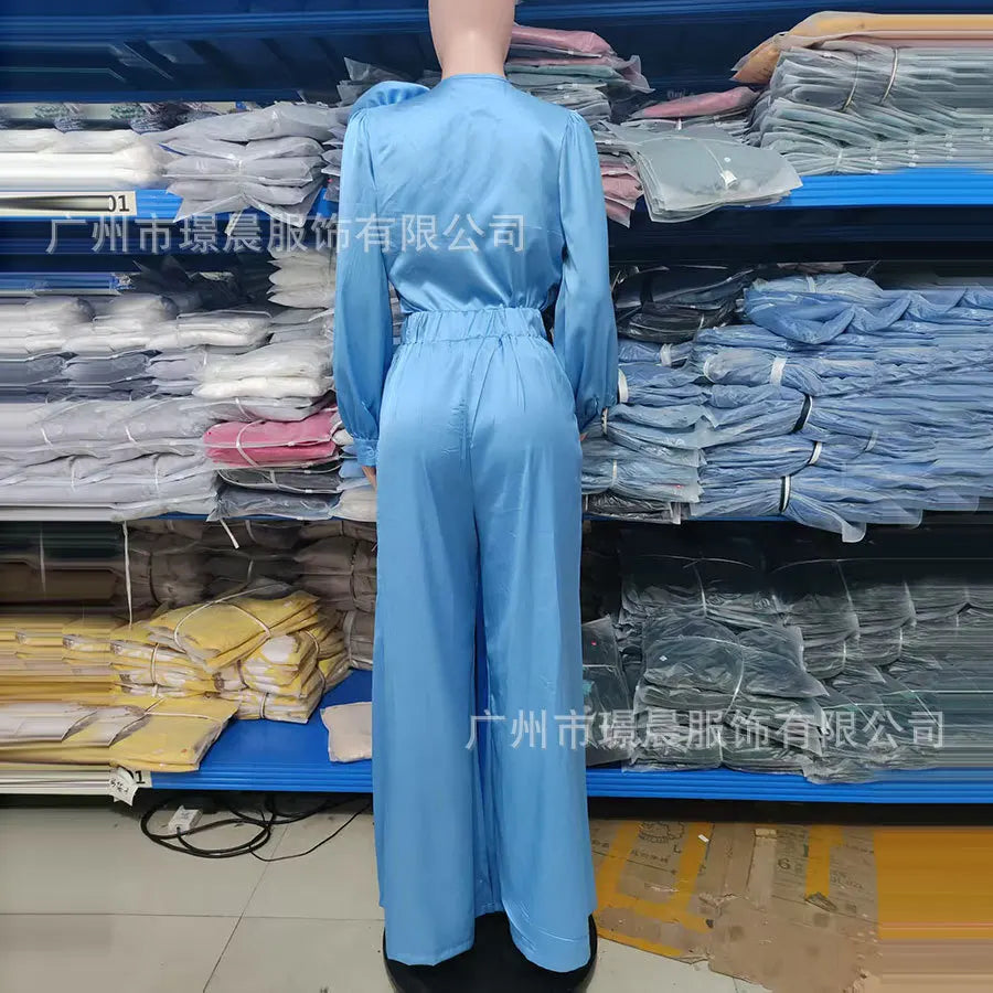 Pant Set Women Two Piece Sets V Neck Matching Sets Floral Slim Fit Tops Wide Leg Long Pants High Waist Y2k Elegant Retro 2025