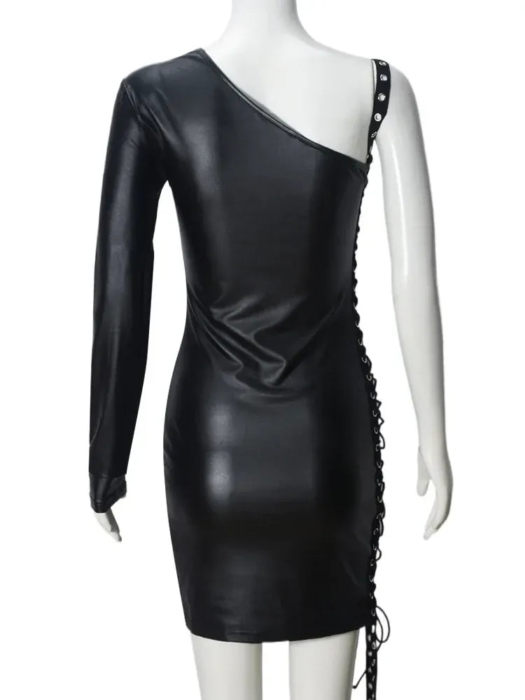 Weird Puss Bandage Hollow Dress Women Irregular Diagonal Collar Backless Single Sleeve Hot Girls Skinny Peach Hip Mini Bodycon