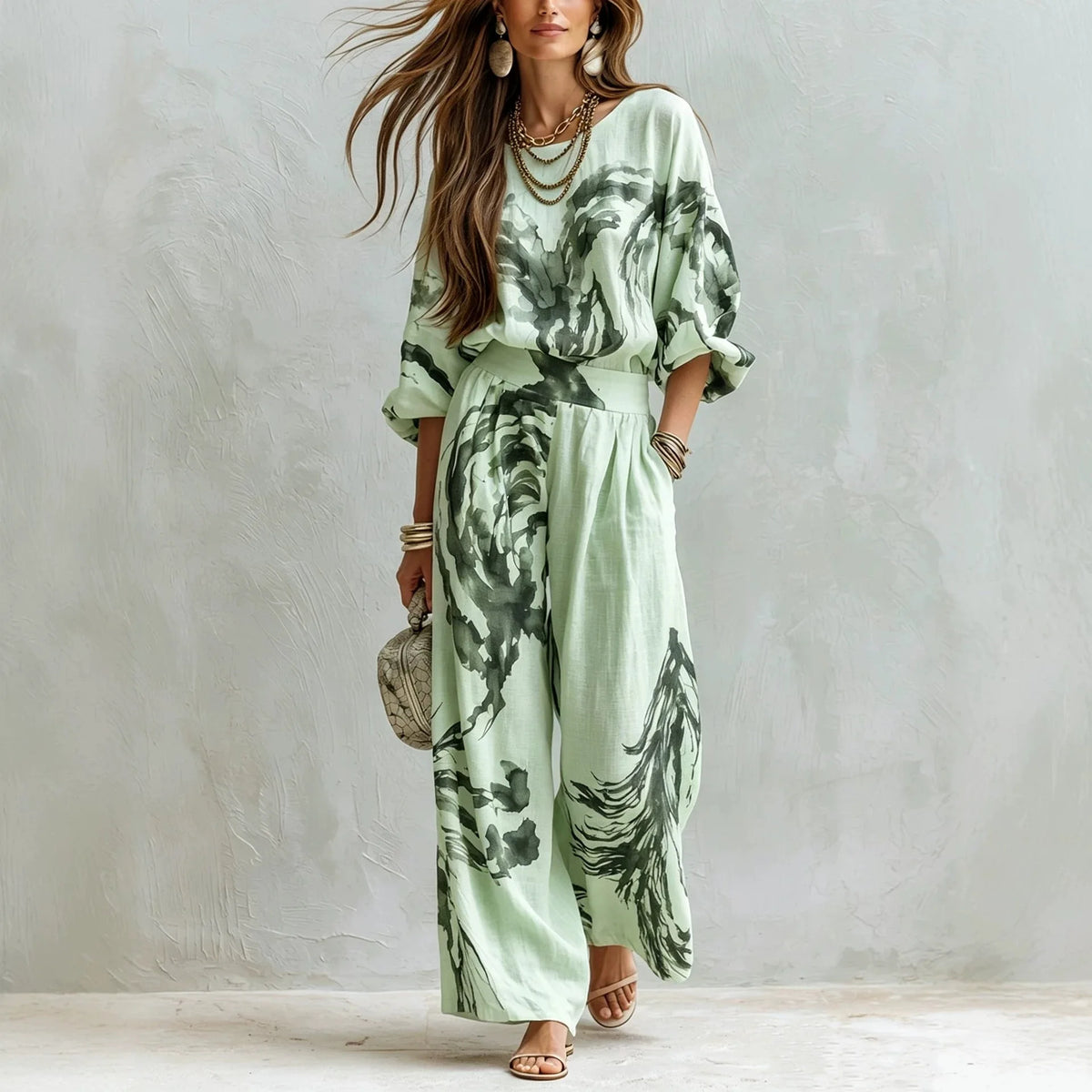 Casual Retro Printed Two Piece Pants Set for Women
