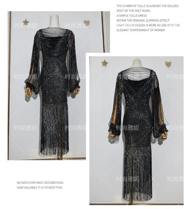 Fashion Heavy Diamond Shawl Bust Long Sleeve Top Sexy Girl Evening Dress V-Neck Slim Hip Wrap Tassel Suspender Dress 2-piece Set